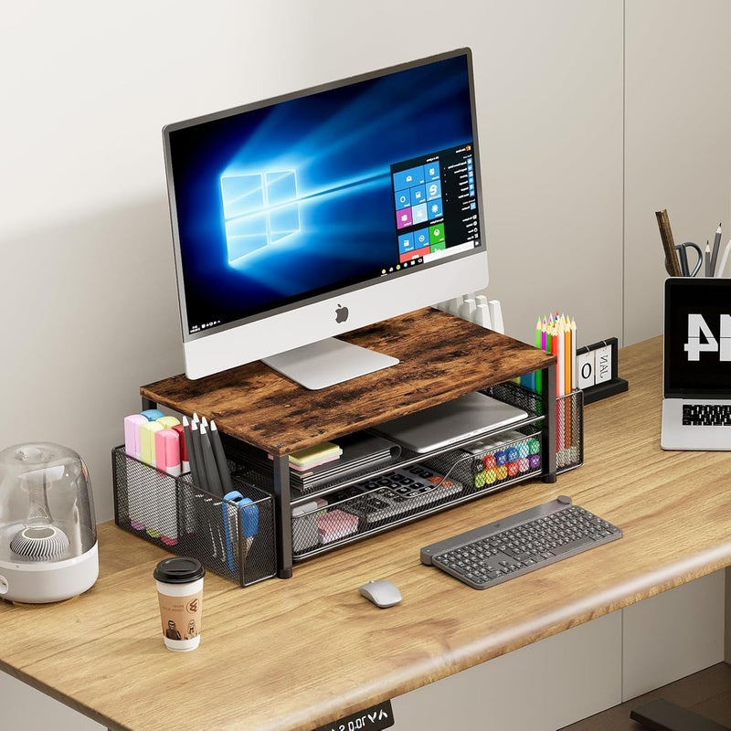 OPNICE Wood Desk Organizers and Accessories, 2-Tier Computer Monitor Stand Riser with Drawer and 2 Pen Holders, Laptop Stand, Office Desk Accessories for Office Supplies, Brown - Image 5